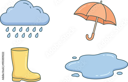Rainy day icons with umbrella raincloud puddle and yellow rain boots on white background