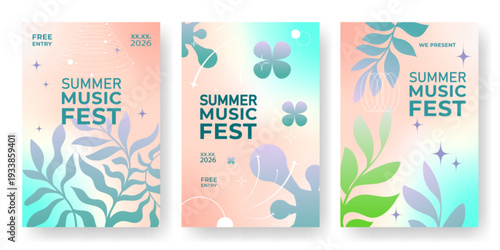 Music fest poster set with vibrant gradient, waves and abstract floral design, vector illustrations. Template for concert flyers, electro club events, and festival promotions.