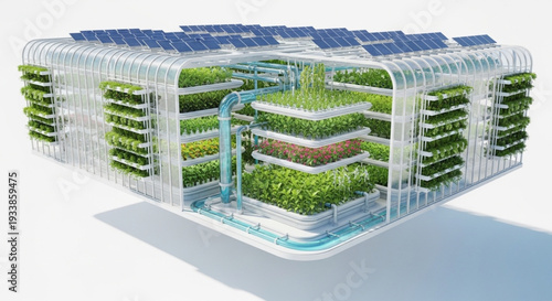 Futuristic Vertical Farm with Solar Panels.