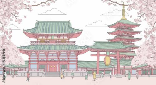 Japanese Temple and Pagoda with Cherry Blossoms