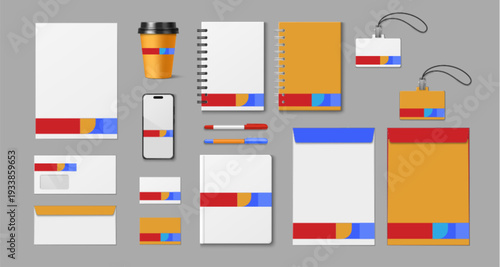 Corporate stationery mockup set, isolated vector illustrations. Brand identity template including folder, envelope, business cards, coffe cup, book and office supplies with abstract geometric pattern