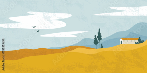 Autumn landscape with golden fields and rolling hills under blue sky with white clouds and flying birds. Fall countryside scene with harvested wheat meadows, distant mountains and farm home building