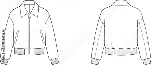 Women Cropped Bomber Jacket Technical Fashion Illustration with Front Zipper, Ribbed Hem and Cuffs Front and Back View Template
