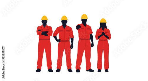 Four Construction Workers in Red Uniforms and Yellow Hard Hats Standing Together.