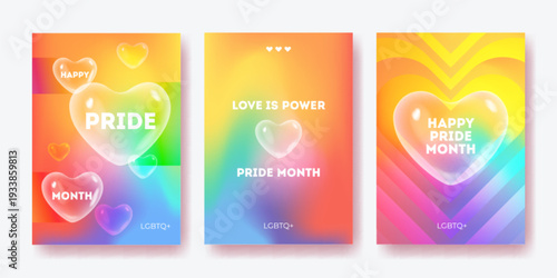 Pride month poster with rainbow gradient background. LGBT celebration abstract graphic colorful design with 3d transparent heart bubbles, gay parade flyer, social media banner, or event cover template