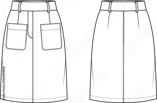 Women High Waist A Line Skirt Technical Fashion Illustration with Front Patch Pockets and Back Seam Detail View