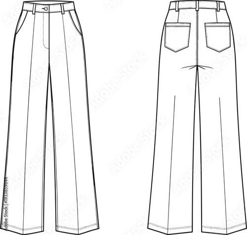 Women High Waist Wide Leg Pants Technical Fashion Illustration with Front and Back View, Classic Five Pocket Design Apparel Template