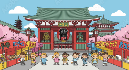 Children Enjoying Festival Stalls at Japanese Temple Entrance