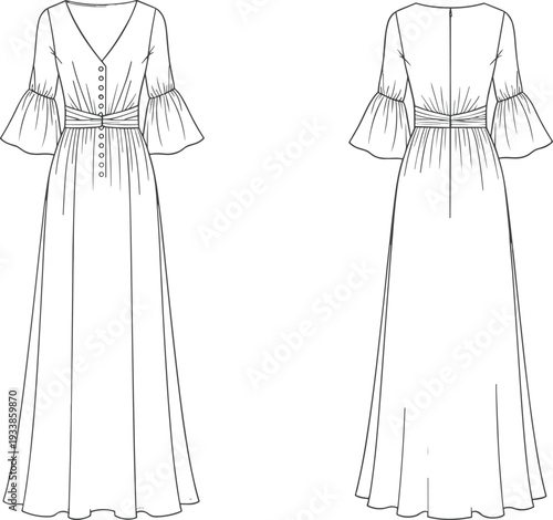 Women Maxi Dress Technical Fashion Illustration with V Neckline, Button Front Detail and Flared Sleeves Front and Back View