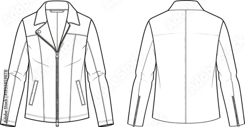 Women Asymmetrical Zip Moto Jacket Technical Fashion Illustration with Lapel Collar and Zipper Pockets Front and Back View