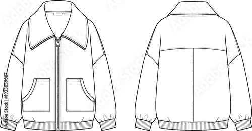 Women Oversized Bomber Jacket Technical Fashion Illustration with Front Zipper, Patch Pockets and Ribbed Hem Cuffs Front and Back View