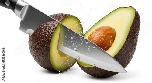 A knife cutting open a ripe avocado revealing its creamy interior