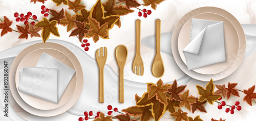 Autumn holiday table top view with plates and cutlery on white tablecloth. Vector realistic illustration of festive dinner settings for family celebration, home or restaurant Thanksgiving Day meal