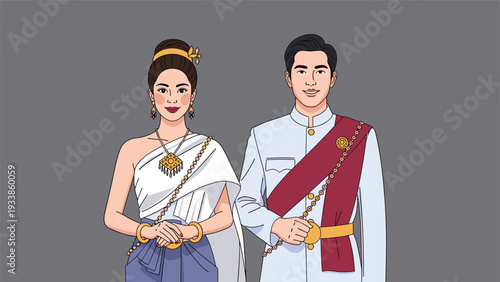 Elegant Thai couple dressed in beautiful traditional Thai costumes, known as Chut Thai, standing together on a gray background.