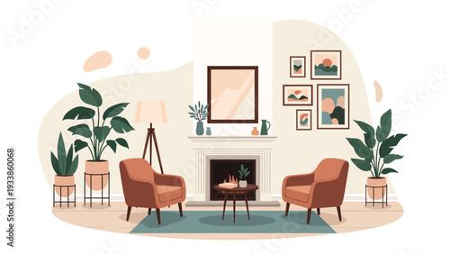 Cozy and modern living room interior featuring a fireplace, comfortable armchairs, various houseplants, and framed abstract wall art.