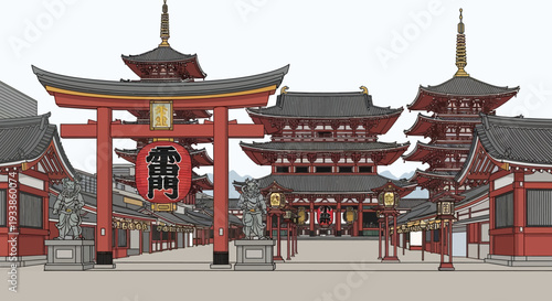 Traditional Japanese Temple Complex with Torii Gate