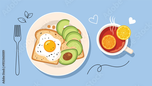 Nutritious breakfast featuring a plate with fried egg and avocado slices on toast served with a cup of hot lemon tea for a fresh start.