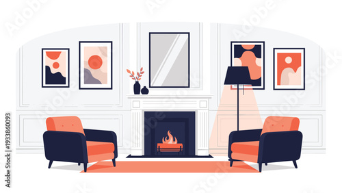 Minimalist interior design of a fireplace lounge with two coral-colored armchairs, abstract paintings, and a black floor lamp for decor.