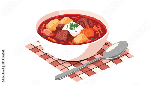Traditional hearty beet soup bowl with chunks of meat, carrots, potatoes, and a dollop of fresh sour cream served on a checkered napkin.