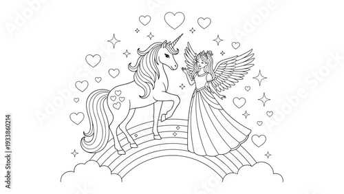 Magical coloring page for children featuring a beautiful angel with wings and a majestic unicorn standing together on a rainbow.