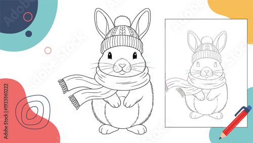Adorable winter bunny coloring page for kids, featuring a rabbit wearing a knitted hat and scarf, with a sample on the side.