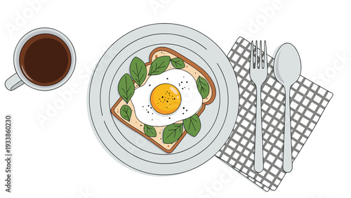 Healthy breakfast of fried egg on whole wheat toast with fresh green spinach leaves and a cup of black coffee.