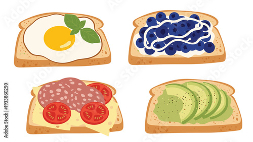 Variety pack of four delicious toasts featuring toppings like fried egg, fresh blueberries, salami with cheese, and creamy avocado paste.