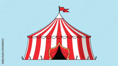 Traditional red and white striped circus big top tent with a flag on top against a clear blue sky background scenery.