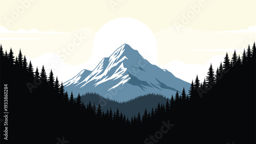 Majestic mountain peak covered in snow and ice framed by a dark evergreen pine forest under a soft morning light.