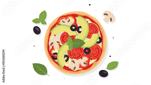 Delicious vegetarian pizza topped with fresh avocado slices, tomatoes, black olives, mushrooms, and basil leaves on a white background.