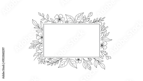Elegant rectangular border frame decorated with hand drawn black and white floral sketches and delicate leaves on white.