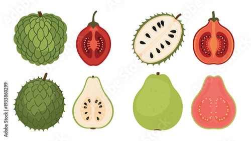 Set of tropical and exotic fruits, including soursop, guava, and tamarillo, shown whole and sliced to reveal the inside.