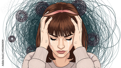Stressed young woman clutching her head in despair, with chaotic scribbles in the background representing anxiety and messy thoughts.