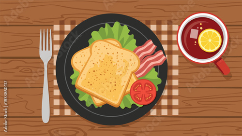 Sweet and savory breakfast featuring honey glazed toast with bacon and tomato on a plate served with lemon tea.