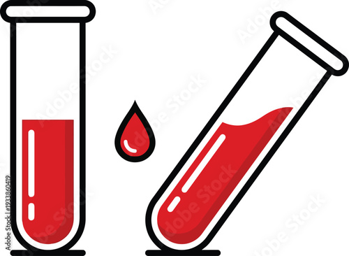 Two test tubes filled with red liquid and a single blood drop on a white background for medical or scientific use