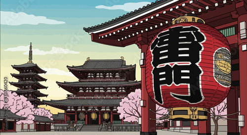 Traditional Japanese Temple Gate with Lantern and Cherry Blossoms