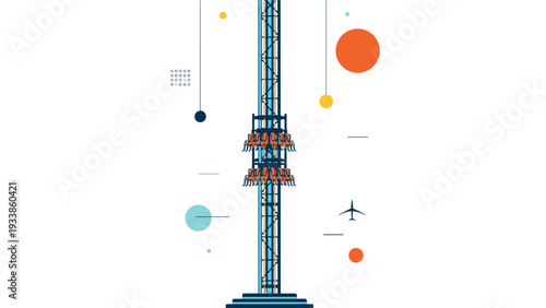 Abstract graphic illustration of a high altitude amusement park drop tower ride against a white background with geometric shapes.
