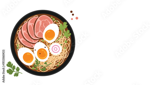 Hearty bowl of japanese ramen noodles topped with tender pork slices, soft boiled eggs, fish cake, and fresh green onions.