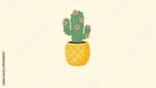 Whimsical illustration of a green cactus with blooming pink flowers planted in a bright yellow pineapple shaped ceramic pot.