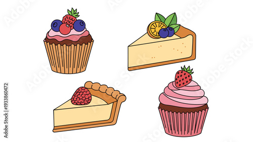 Assortment of four mouth watering desserts including berry topped cupcakes, a slice of lemon cheesecake, and a raspberry tart.