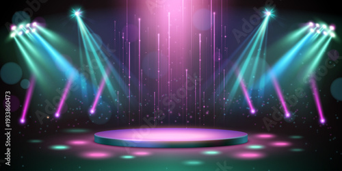 Award ceremony stage realistic vector background with round podium under color spotlight. Luxury show, design with shimmering rays and green and pink lights, winner presentations