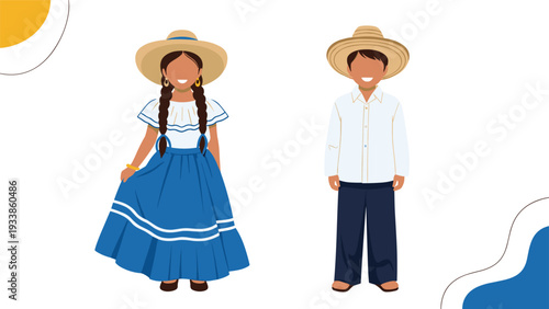 Faceless illustration of a boy and girl from Panama wearing simple traditional attire against a minimal, abstract background.