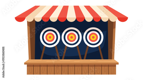 Festive carnival archery stall featuring three colorful circular targets and a red and white striped awning roof.