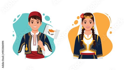 Cute Cypriot boy and girl in traditional folk costumes, with the boy holding the national flag of Cyprus, on abstract backgrounds.