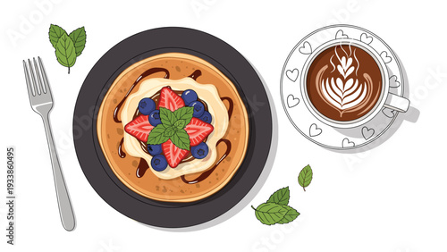 Fluffy pancake topped with fresh strawberries, blueberries, and cream served with a cup of latte featuring elaborate foam art.