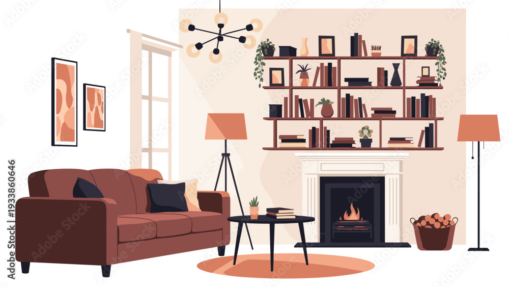 Fototapeta premium Cozy living room interior design with a brown sofa, central coffee table, large bookshelf, and a warm glowing fireplace.