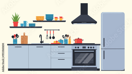 Modern kitchen interior with blue cabinets, stainless steel stove, large refrigerator, and various cooking utensils on shelves.
