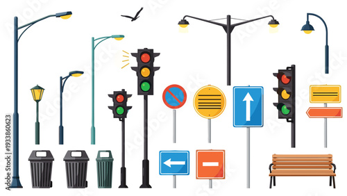 Comprehensive collection of city street elements including various street lamps, traffic signals, road signs, trash bins, and a bench.