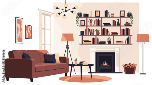 Cozy living room interior design with a brown sofa, central coffee table, large bookshelf, and a warm glowing fireplace.