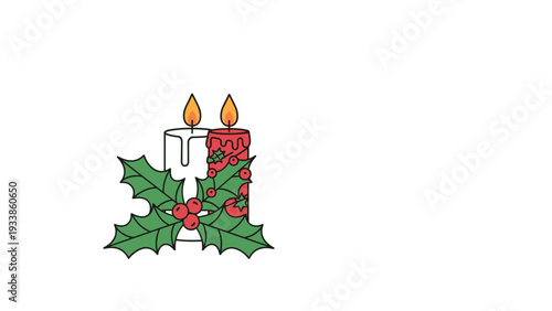 Festive holiday decoration featuring a red and a white burning candle adorned with green holly leaves and bright red berries.